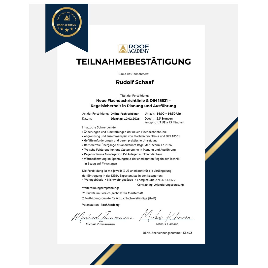 Flachdachrichtlinie 2026 | Weiterbildung bei Dach und Energie - Dachsanierung Kreis Heinsberg - Flachdachsanierung NRW - PV Anlage auf Flachdach montieren - Dachdecker Photovoltaik Dach